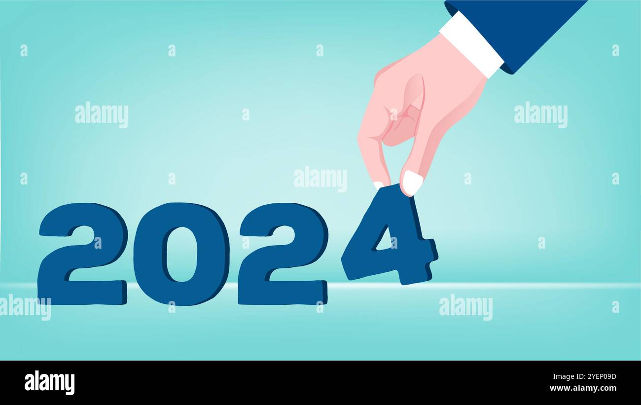 felice anno nuovo 2024 illustrazione, illustrazione della mano di qualcuno che organizza i numeri 2024, adatto per l'uso quando si festeggia il nuovo anno Illustrazione Vettoriale