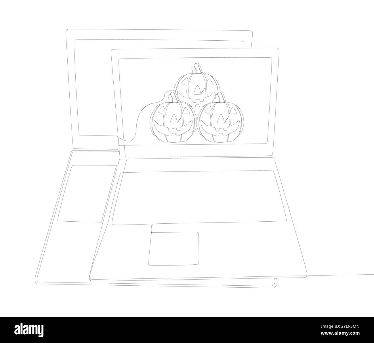 Una linea continua di laptop con zucca di Halloween. Concetto del vettore dell'illustrazione a linee sottili. Jack o' Lanterna e notebook Contour Drawing Creative ide Illustrazione Vettoriale