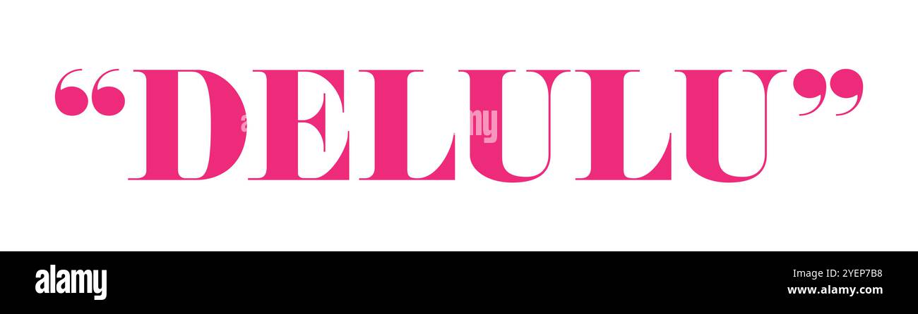 Tipografia in grassetto rosa della parola delulu tra virgolette. Presenta un design grafico minimalista e moderno con scritte espressive Illustrazione Vettoriale
