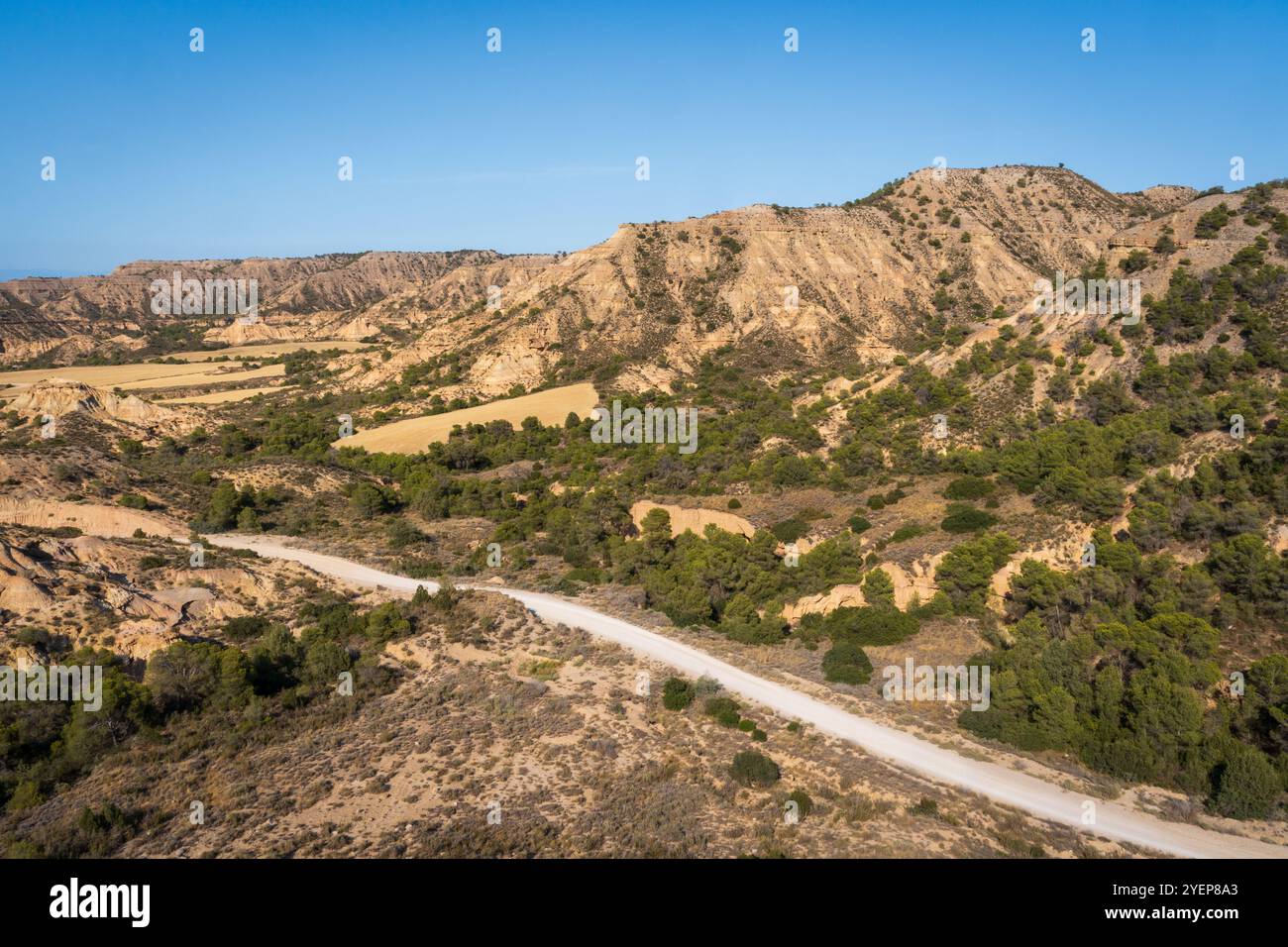 Un sentiero sterrato si snoda attraverso il terreno eroso delle Badlands del deserto di Monegros nella provincia di Zaragoza dell'Aragona, Spagna. Foto Stock
