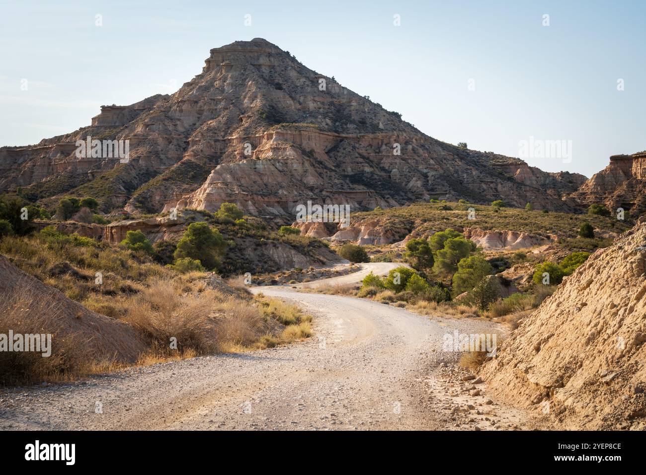 Un sentiero sterrato si snoda attraverso il terreno eroso delle Badlands del deserto di Monegros nella provincia di Zaragoza dell'Aragona, Spagna. Foto Stock