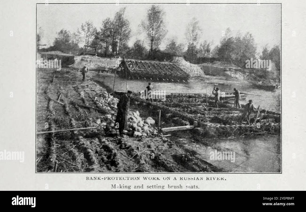 Lavori di protezione della sponda del fiume su un fiume russo che produce e imposta tappeti a spazzola dall'articolo SISTEMA RUSSO DI VIE D'ACQUA INTERNE. Di Alexander Hume Ford. Dalla rivista Engineering dedicata al progresso industriale volume XX 1900 - 1901 The Engineering Magazine Co Foto Stock