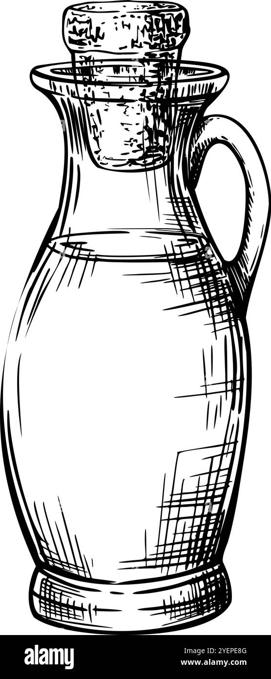 Bottiglia di vetro, caraffa tappata e riempita con olio d'oliva, liquido o acqua. Bere il vaso con sughero o salsa alimentare con tappo. Schizzo vettoriale. Dipinto a mano da Illustrazione Vettoriale