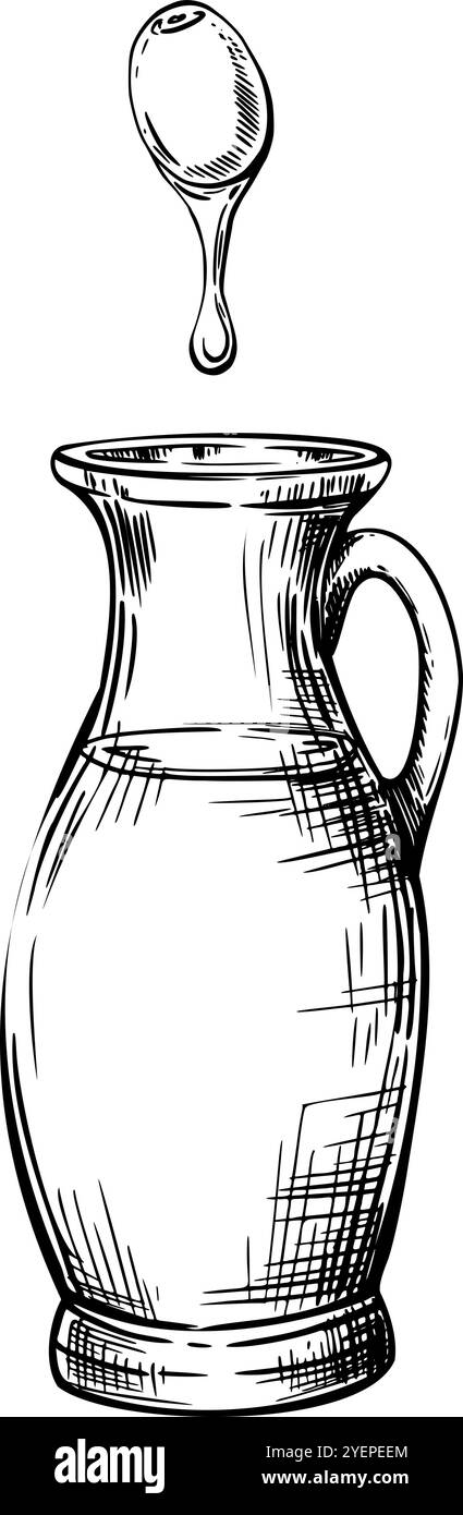 Bottiglia di vetro, caraffa e frutti di bosco di oliva con goccia di olio. Barattolo con salsa alimentare. Schizzo vettoriale in stile line art dipinto da inchiostri neri Illustrazione Vettoriale