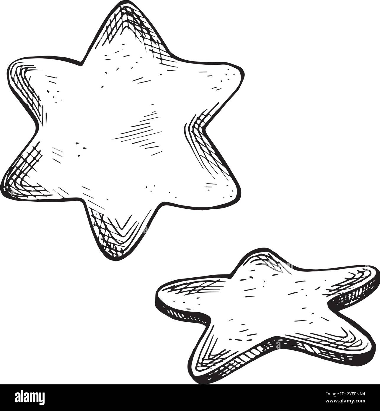 Forma a stella di pan di zenzero natalizio. Impostare gli schizzi. Illustrazione grafica vettoriale, disegnata a mano isolata. Dolce per bambini in bianco e nero. Vacanze Illustrazione Vettoriale