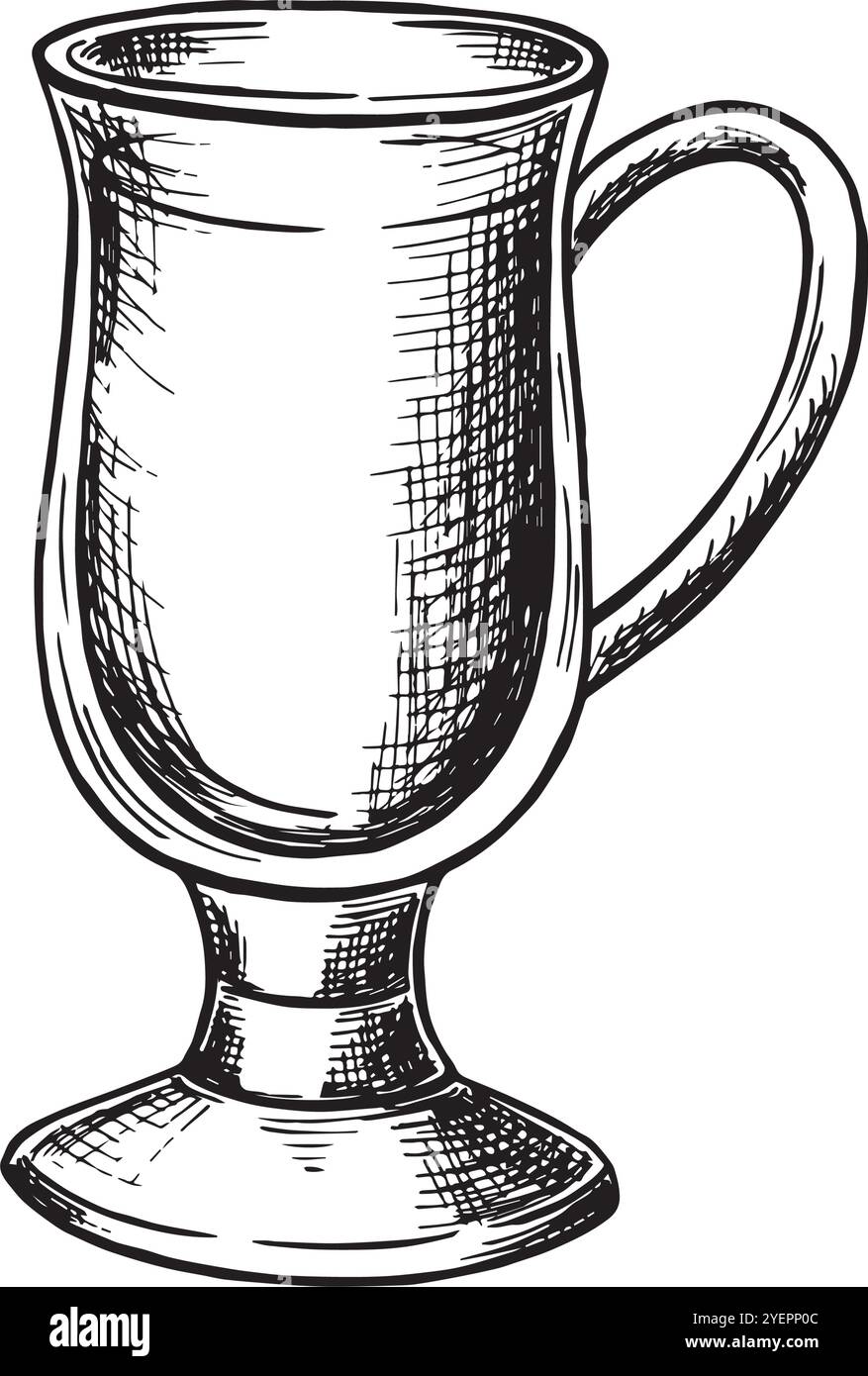 Bozzetto di bicchiere di VIN brulé. Illustrazione grafica vettoriale, disegnata a mano isolata. Recipiente bianco e nero per liquami. Indumenti in vetro per le feste natalizie Illustrazione Vettoriale