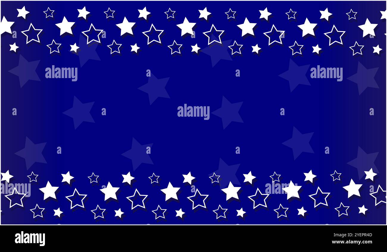 Sfondo blu delle vacanze con modello di design a stelle. Simboli di bandiera americana stelle su sfondo blu vuoto. Illustrazione Vettoriale