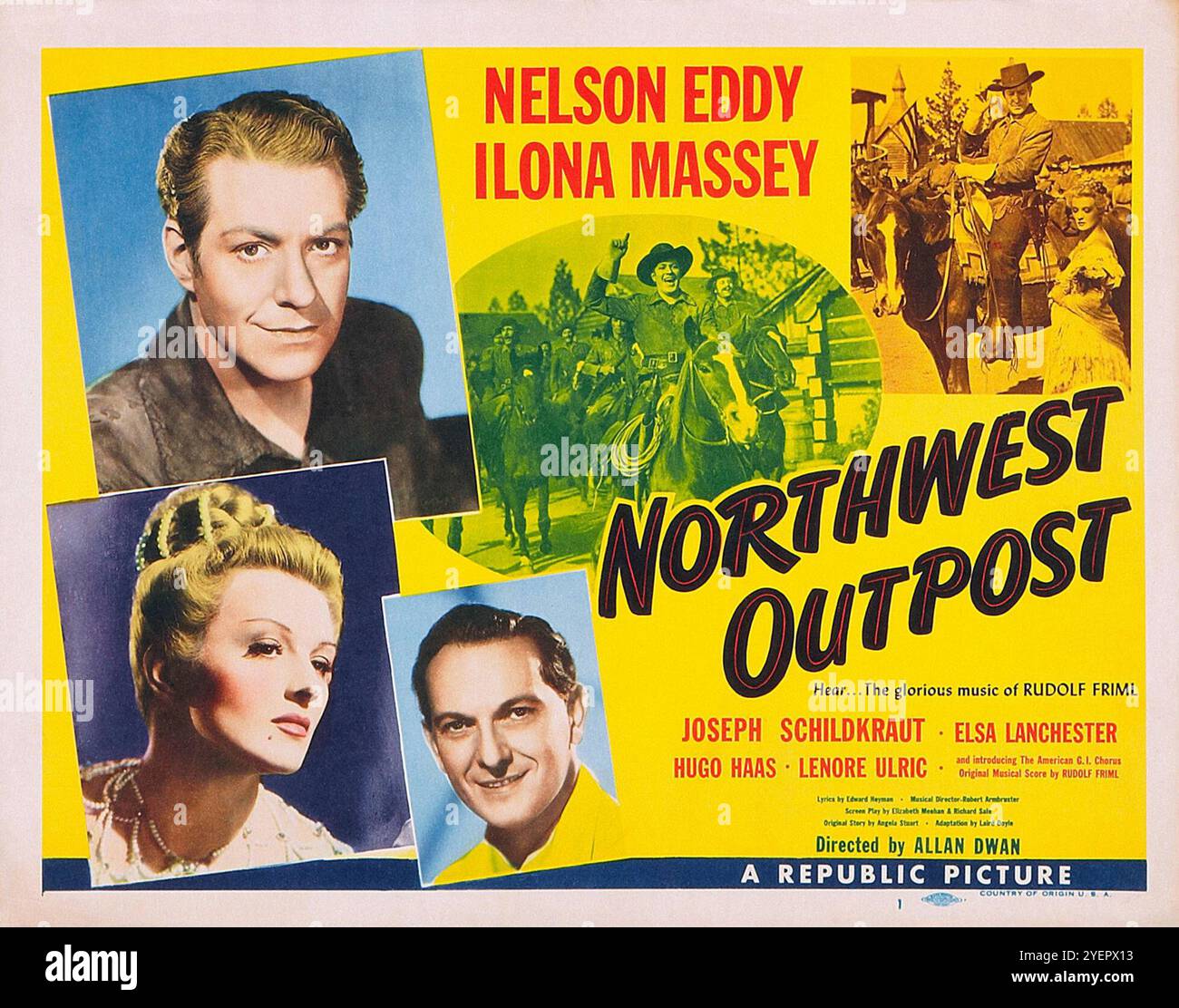 Poster cinematografico d'epoca per il film musicale del 1947 Northwest Outpost, "Emotement of Old California" Nelson Eddy, Ilona Massey (Repubblica) Foto Stock