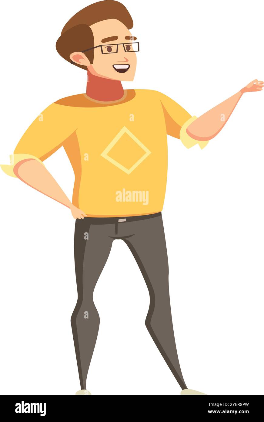 Uomo sorridente con mano allungata in un simpatico design cartoni animati Illustrazione Vettoriale