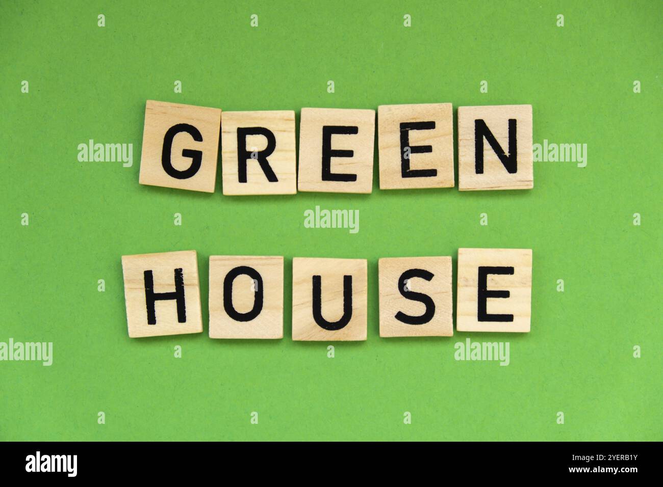 Testo della casa verde su blocchi di legno su sfondo verde. Concetto ecologico vita sostenibile e responsabile. Copia spazio. Una sola parola Foto Stock