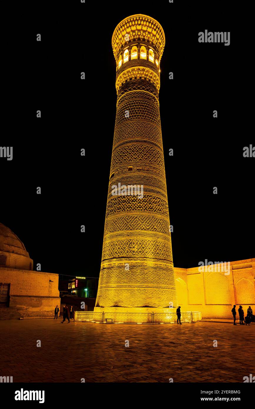 Veduta notturna del minareto di Kalyan nel sacro Bukhara. La Moschea di Kalyan, che compone poi-Kalyan Ensemble, è la moschea centrale della Santa Bukhara. Uzbekistan. Kal Foto Stock