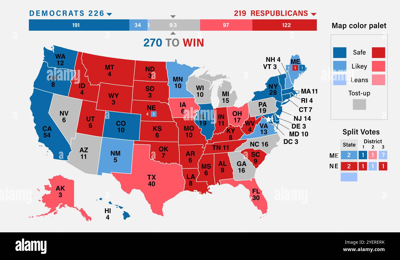Voto 2024, carte elettorali di consenso per le elezioni presidenziali. Risultati elettorali USA 2024. Banner infografica modificabile per il voto negli Stati Uniti. Vettore Illustrazione Vettoriale