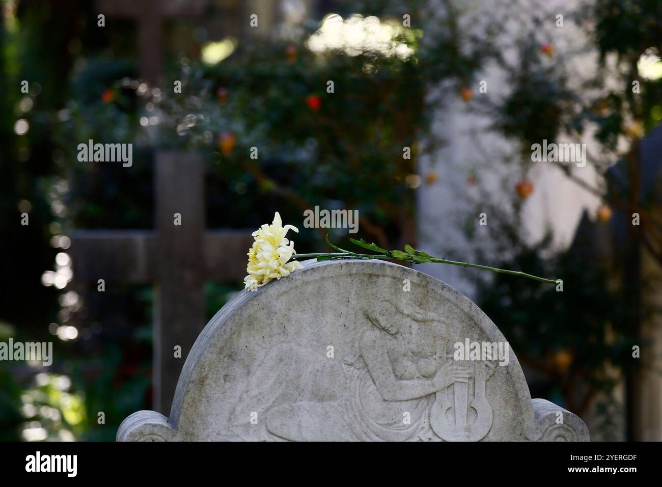 Roma, Italia. 1 novembre 2024. Visite al Cimitero acattolico di Roma nel giorno di Ognissanti &#x2014; Roma, Italia - Venerd&#xec; 01 novembre 2024 - Cronaca - (foto di Cecilia Fabiano/LaPresse) molte persone che visitano il Cimitero non Chatolic vicino alla Piramide di Roma &#x2014; Roma, Italia - venerdì 31 novembre 2024 - News - (foto di Cecilia Fabiano/LaPresse Foto Stock