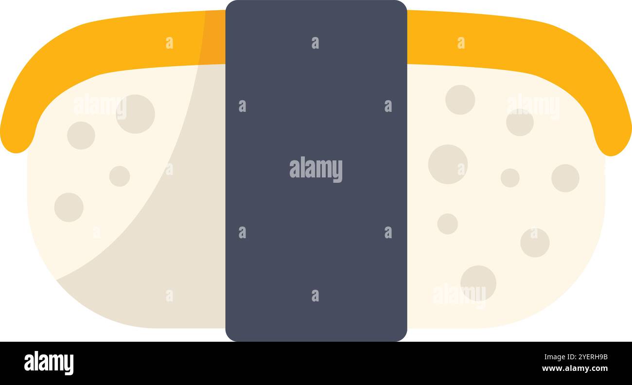 Semplice illustrazione vettoriale del tamago sushi, un popolare piatto giapponese, con una fetta di frittata dolce all'uovo su riso aceto avvolto in alghe nori Illustrazione Vettoriale