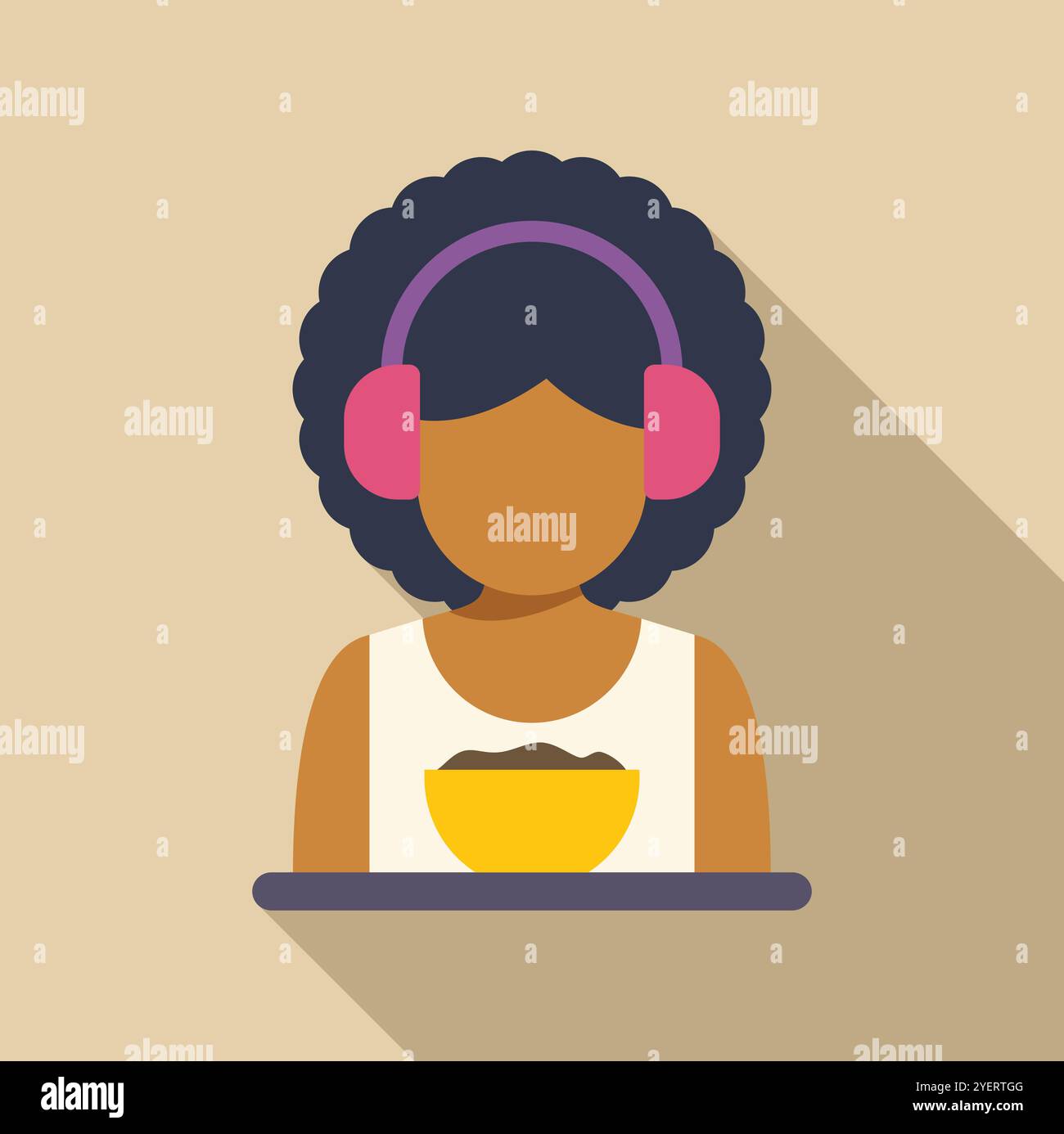 Giovane donna che si diverte con una ciotola di cereali indossando le cuffie, semplice illustrazione dello stile di vita Illustrazione Vettoriale