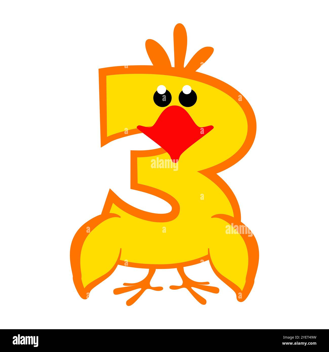Cartone animato numero 3 come pollo giallo, figura tre. Calligrafia, lettere, tipografia per le carte o il gioco Education. Un bell'adesivo Illustrazione Vettoriale