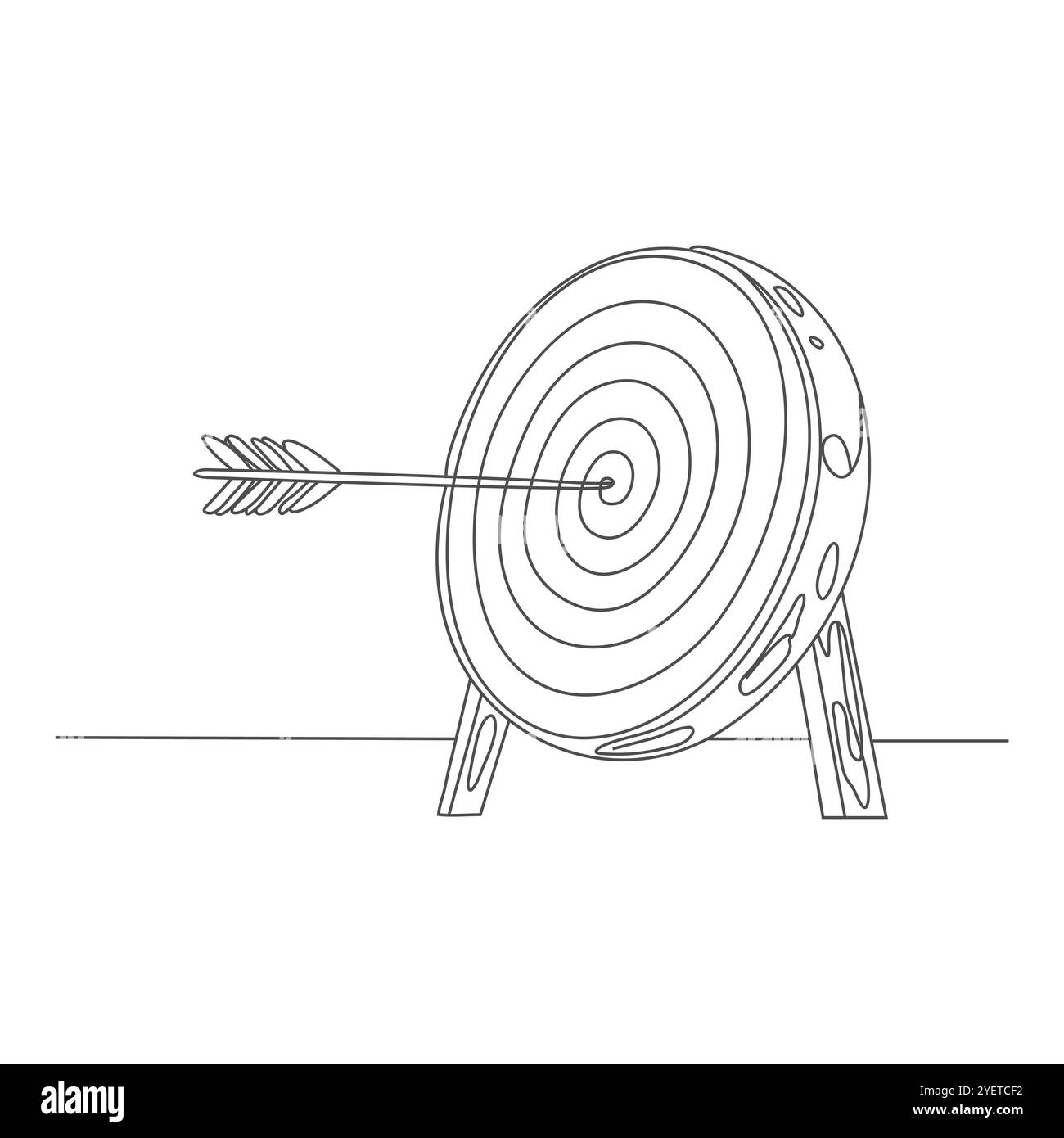 Un disegno a linea continua di freccia è stato colpito con un proiettile al bersaglio del tiro con l'arco. Concetto di attrezzatura sportiva da tiro con l'arco obiettivo di raggiungere. Successo aziendale Illustrazione Vettoriale