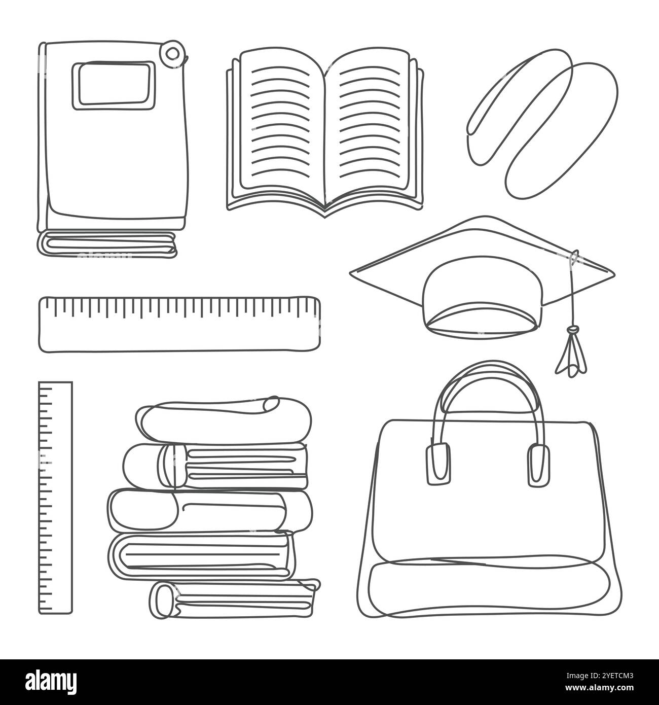 Set di doodle disegnati a mano di elementi per adolescenti scolastici. Torna a scuola. Materiale per scrivere, copybook, notebook, appunti, zaino per tornare a scuola. Illustrazione Vettoriale