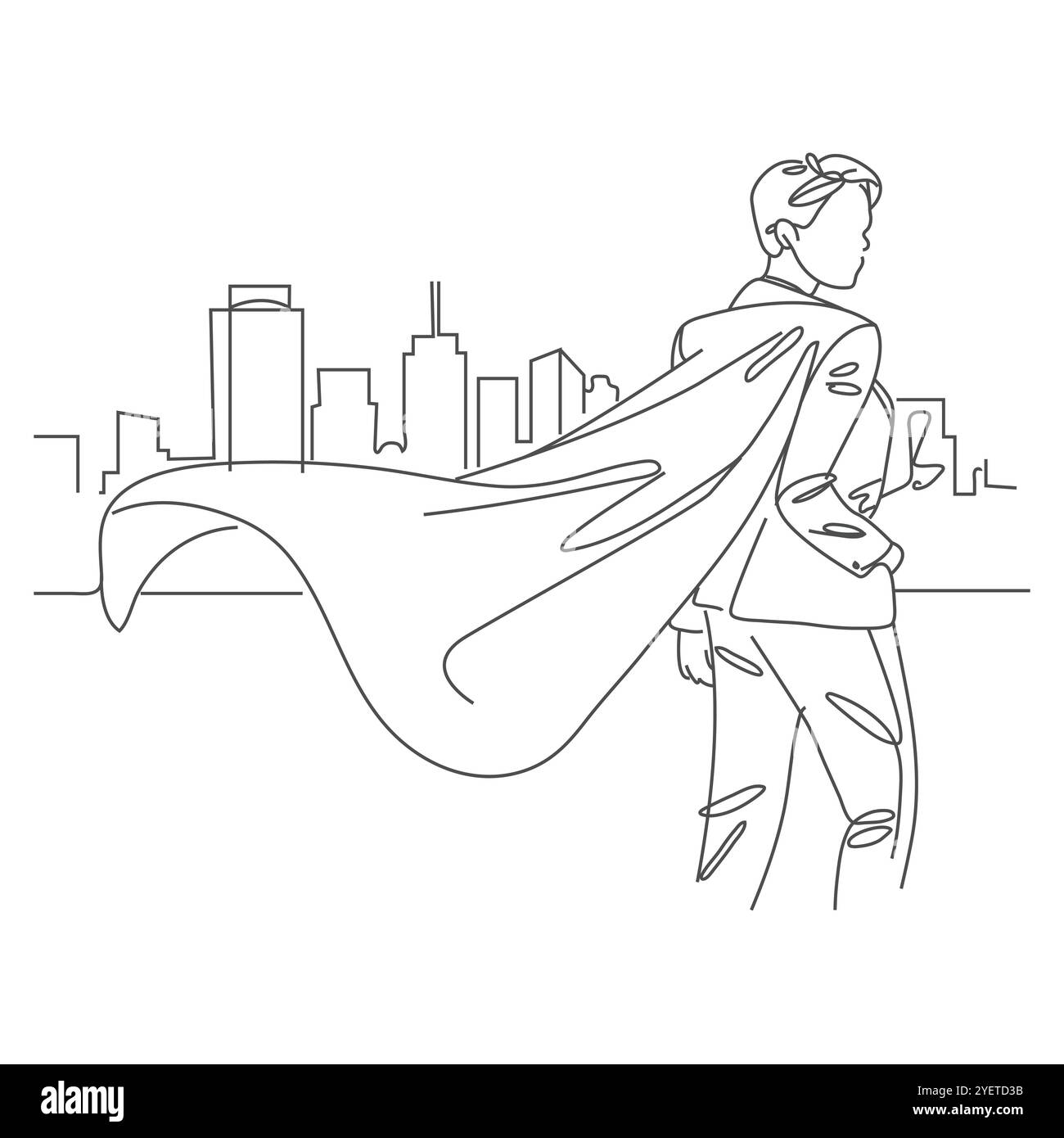 Disegno a linea singola continua, supereroe in mantello che fluttua nel vento. Sta con le spalle. Eroe di successo da donna d'affari. Supereroe che lacera la camicia e.. Illustrazione Vettoriale