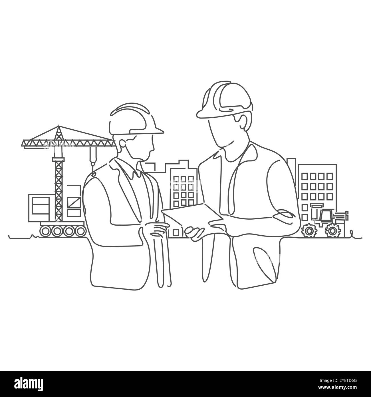 Illustrazione degli operai edili un disegno su una singola linea del giovane responsabile delle costruzioni fornisce brevi brevi istruzioni al coordinatore del costruttore. Architettura dell'edificio Illustrazione Vettoriale