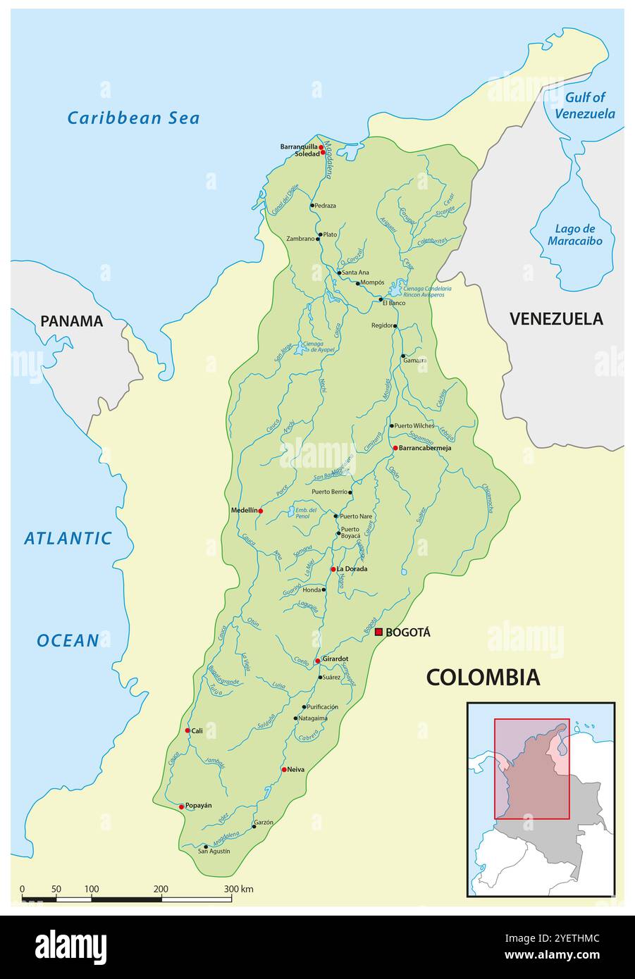 Mappa del bacino idrografico del fiume Magdalena, Colombia Foto Stock