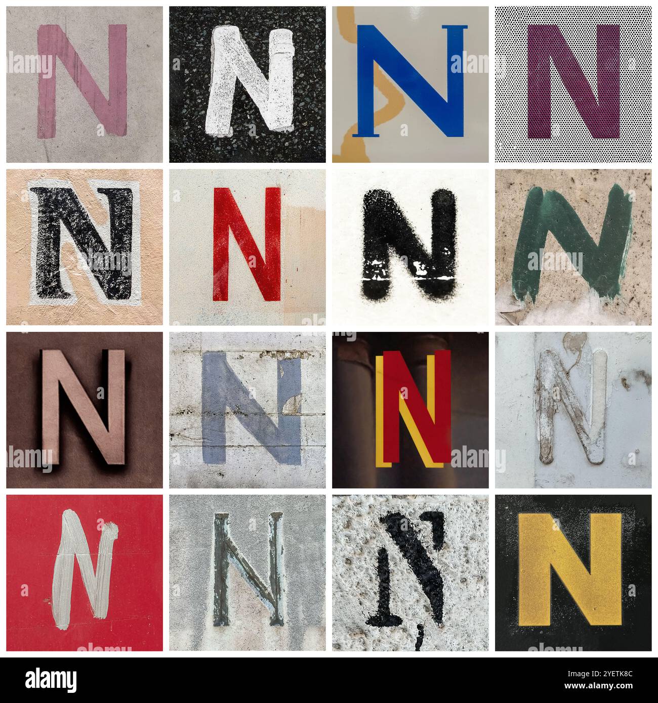 Raccolta di 16 lettere maiuscole N di san Serif prese per le strade urbane Foto Stock