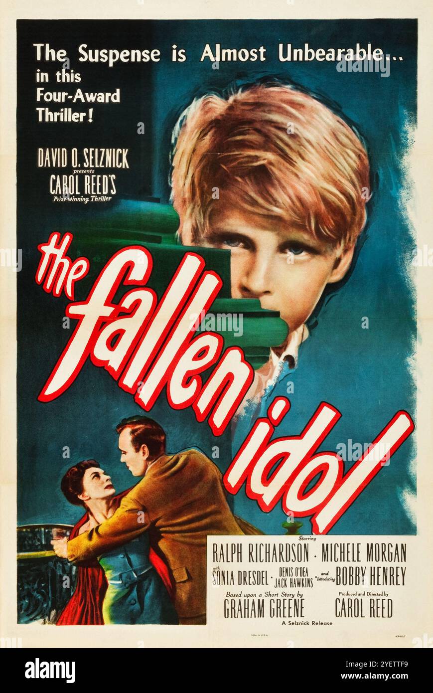 Poster cinematografico d'epoca per l'uscita negli Stati Uniti del film britannico del 1948, The Fallen Idol - Selznick - adattato da "The Basement Room" di Gram Green, il film di Carol Reed è raccontato quasi completamente dal punto di vista di un bambino. Foto Stock