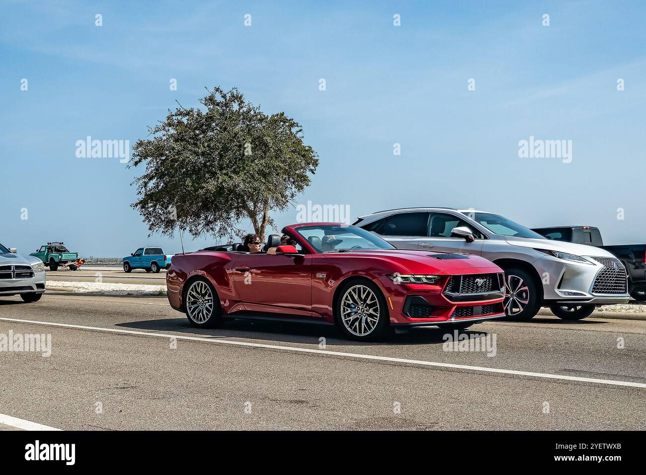 Gulfport, MS - 4 ottobre 2023: Vista angolare anteriore grandangolare di una Ford Mustang GT Premium Convertible del 2024 in una mostra automobilistica locale. Foto Stock