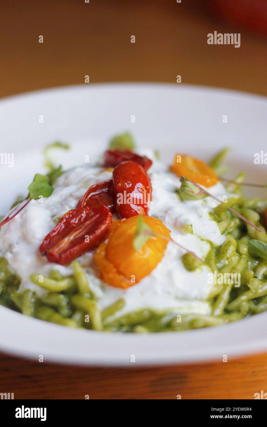 Primo piano di pasta trofia italiana con pesto, burrata e pomodori ciliegini serviti su un piatto bianco. Cucina italiana (ligure), attenzione selettiva Foto Stock