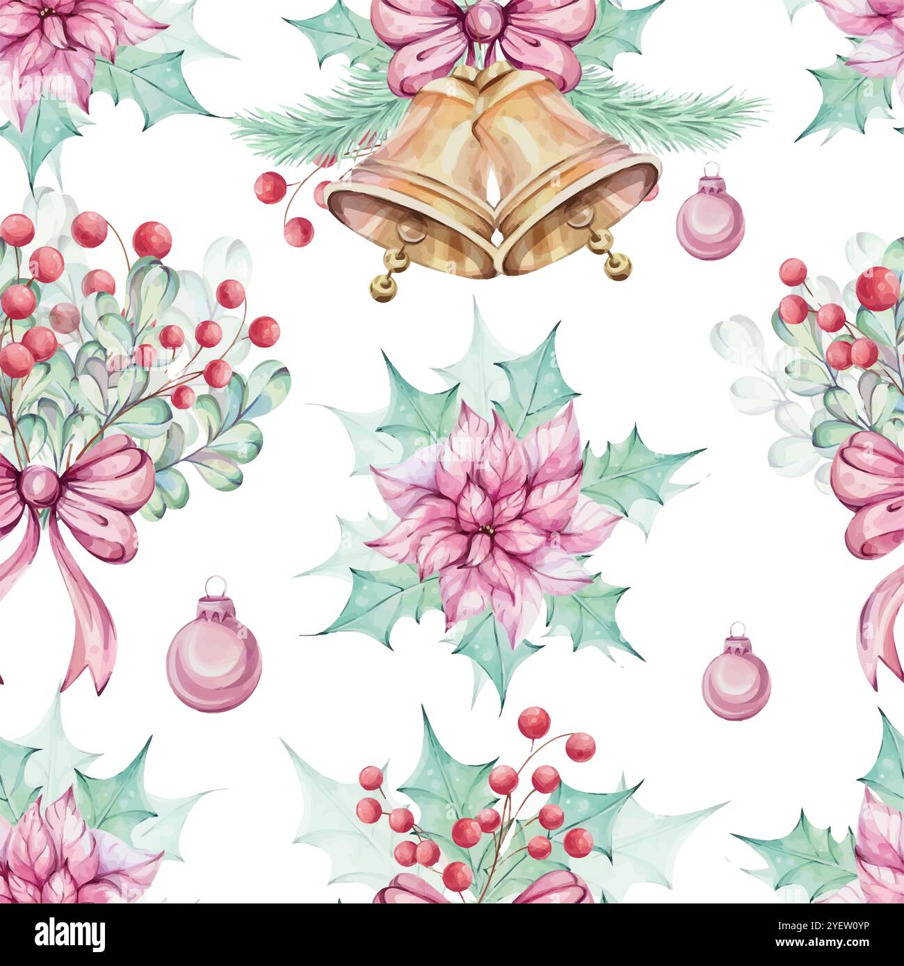 Acquerello natalizio motivo senza cuciture - bouquet di fiori di punta rossa, composizioni con foglie verdi agrifoglio e mignolo, bacche rosse. Jingle dorato Illustrazione Vettoriale