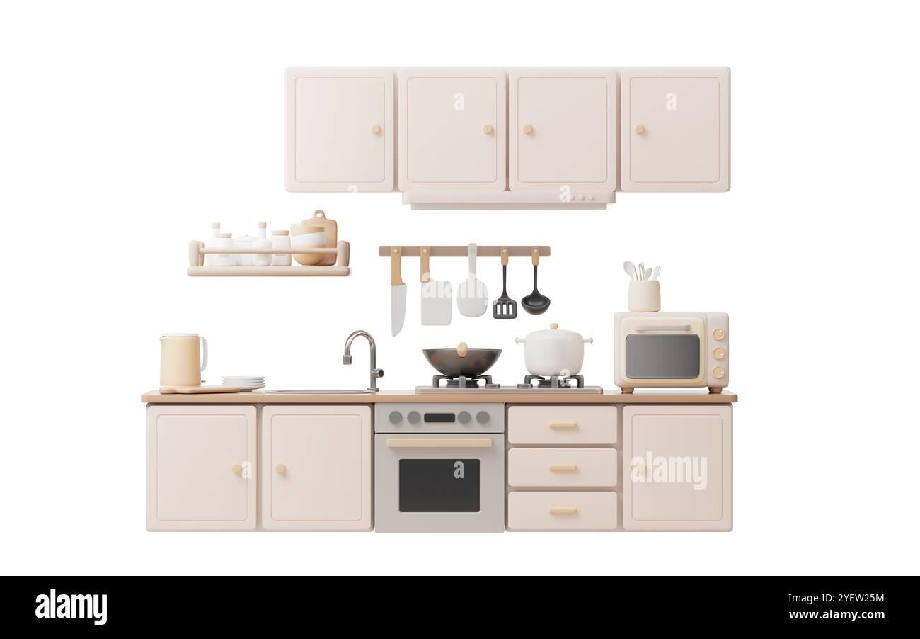 Utensili da cucina in stile cartoni animati, rendering 3D. Illustrazione 3D. Foto Stock