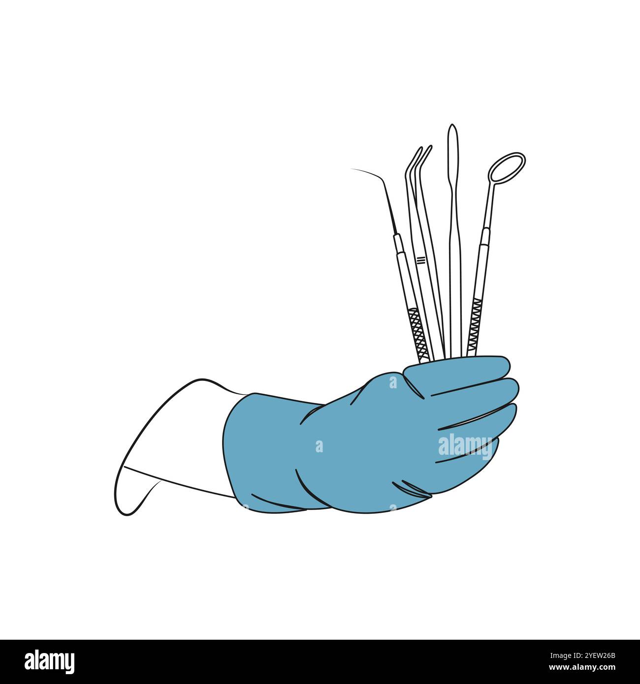 Mano di un dentista con guanti blu che reggono gli utensili dentali. Art. Linea. Assistenza sanitaria dentale. Concetto di Stomatologia. Illustrazione vettoriale. Illustrazione Vettoriale