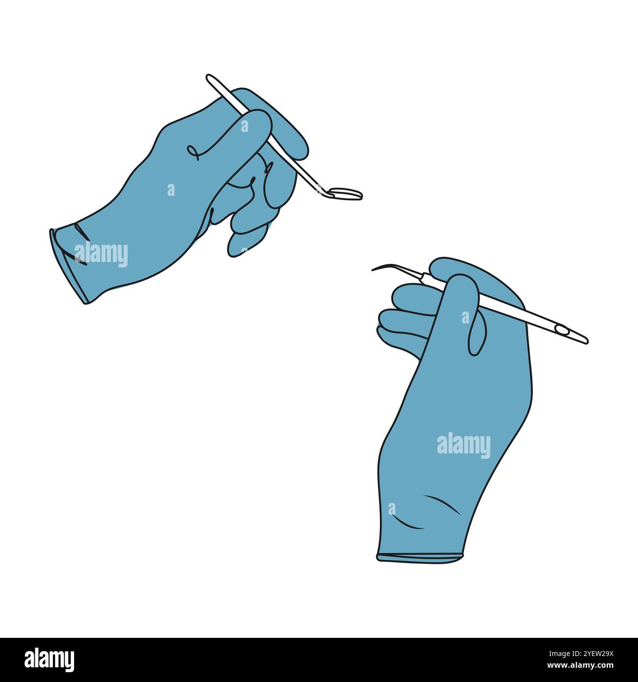 Il dentista tiene gli strumenti nelle mani dell'esame dei denti del paziente. Assistenza sanitaria dentale. Concetto di Stomatologia. Illustrazione vettoriale. Illustrazione Vettoriale