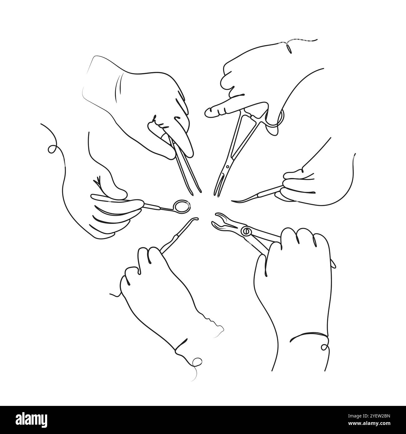 Le mani con i guanti dei dentisti contengono strumenti terapeutici, chirurgici e di cura dentale. Art. Linea. Assistenza sanitaria dentale. Concetto di Stomatologia. Illustrazione vettoriale. Illustrazione Vettoriale