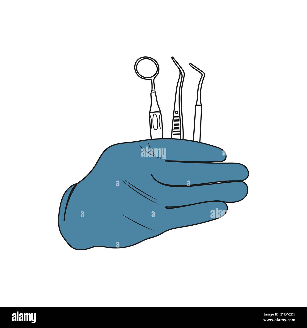 Dentista tiene gli strumenti dentali. Art. Linea. Assistenza sanitaria dentale. Concetto di Stomatologia. Illustrazione vettoriale. Illustrazione Vettoriale