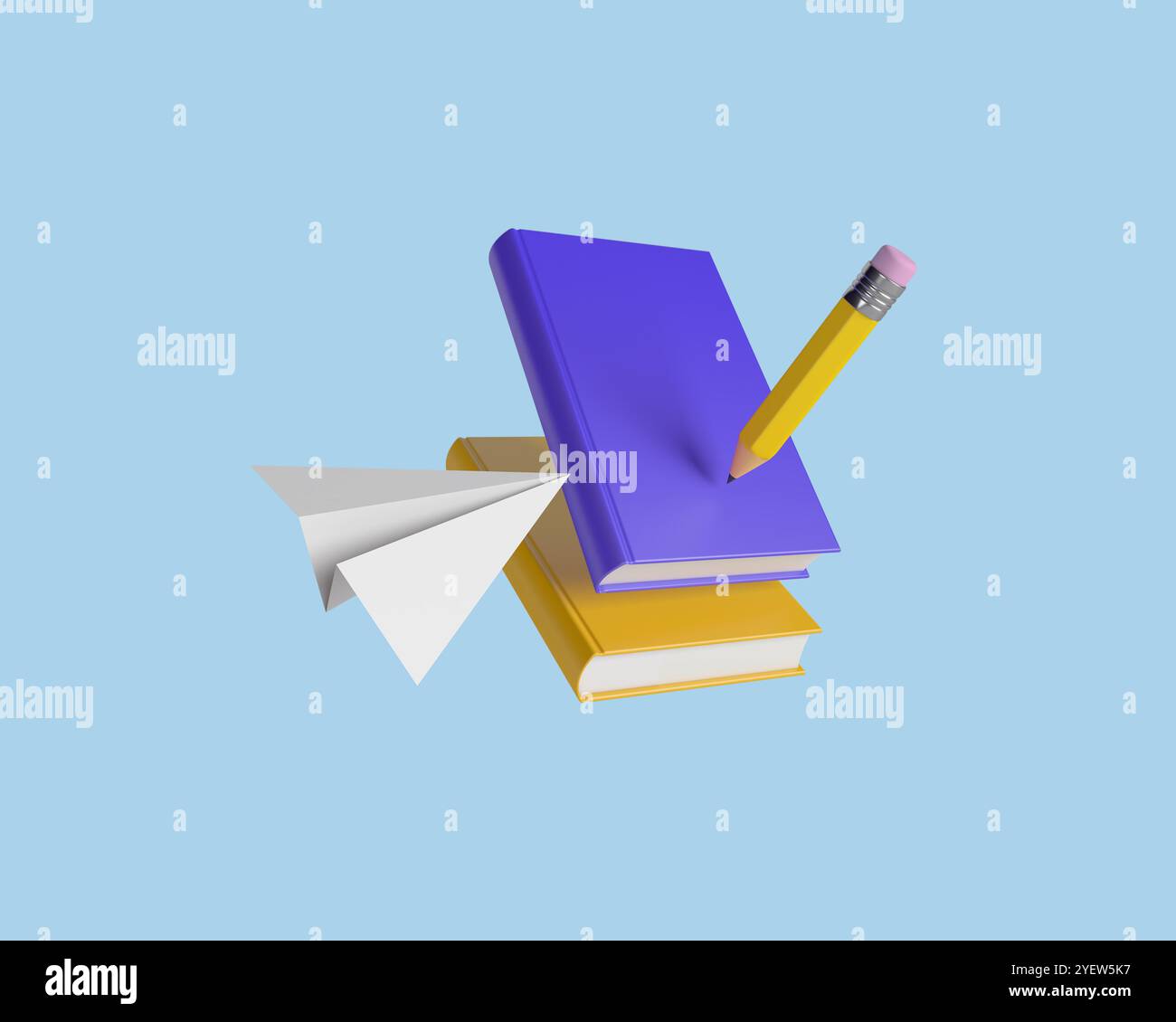 Illustrazione 3D minimalista di una pila di libri viola e giallo con una matita e un aeroplano di carta, su sfondo azzurro. Foto Stock