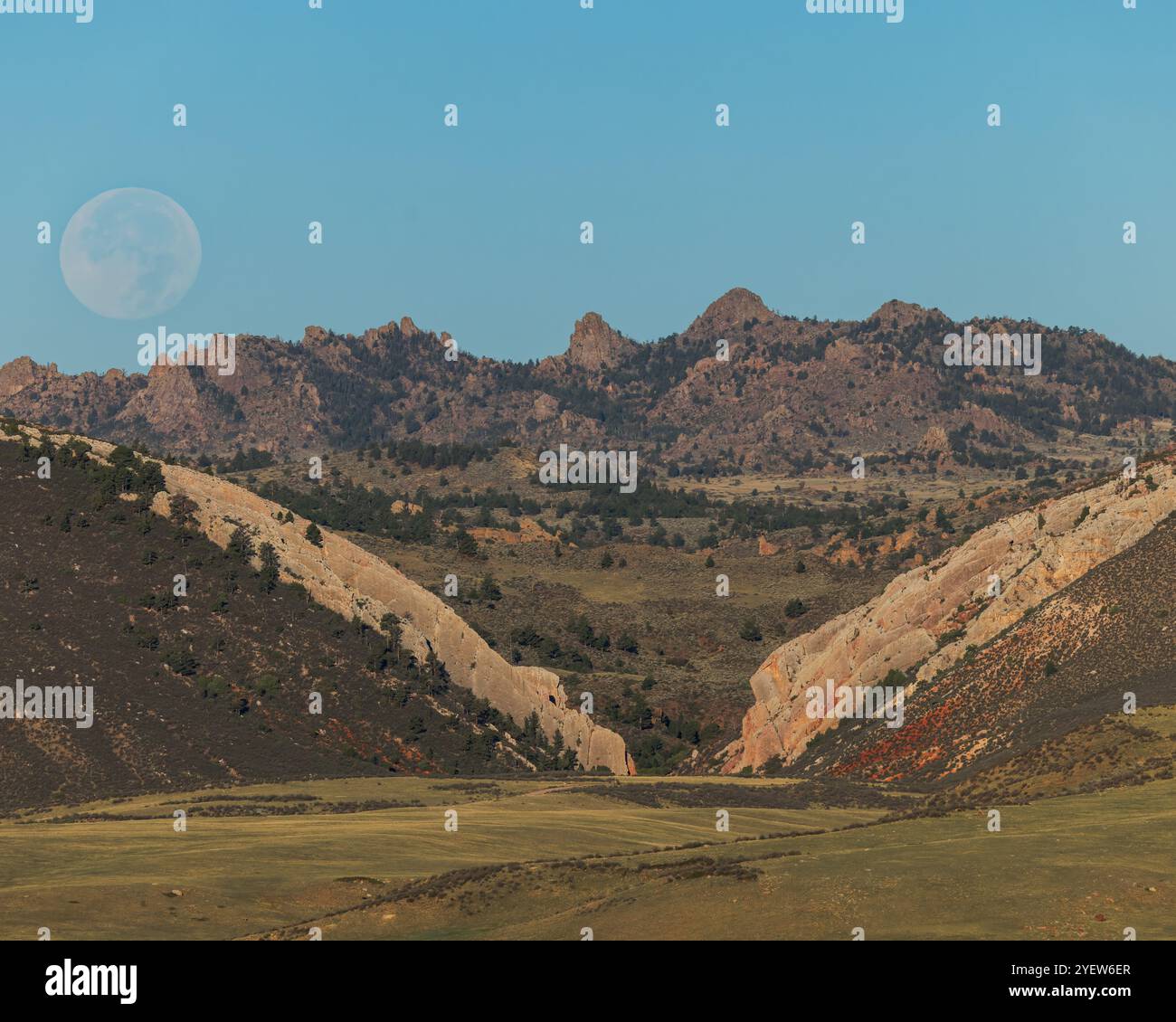La luna di Sturgeon sorge piena sulle Laramie Mountains, Wyoming. Foto Stock