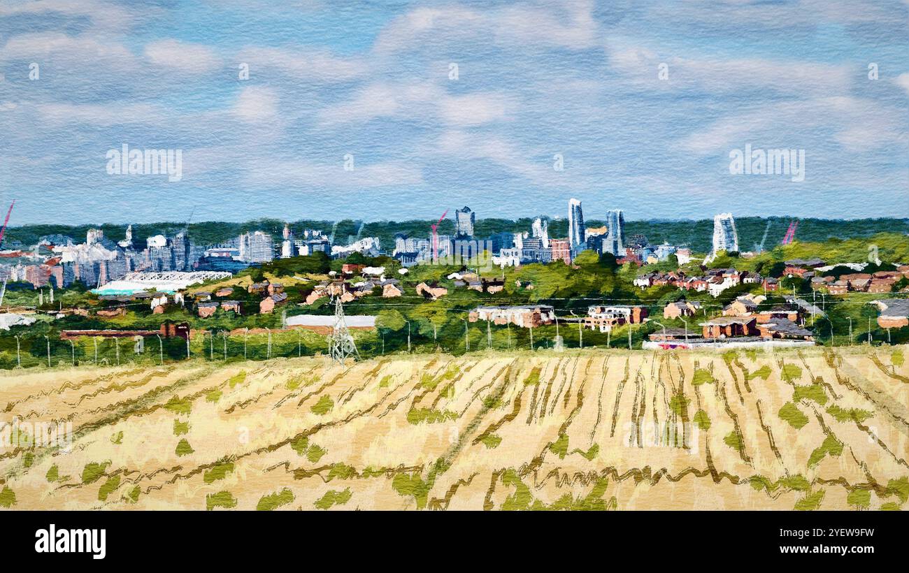 Dipinto illustrato dello skyline di Leeds visto da Morley nel West Yorkshire, Inghilterra Foto Stock