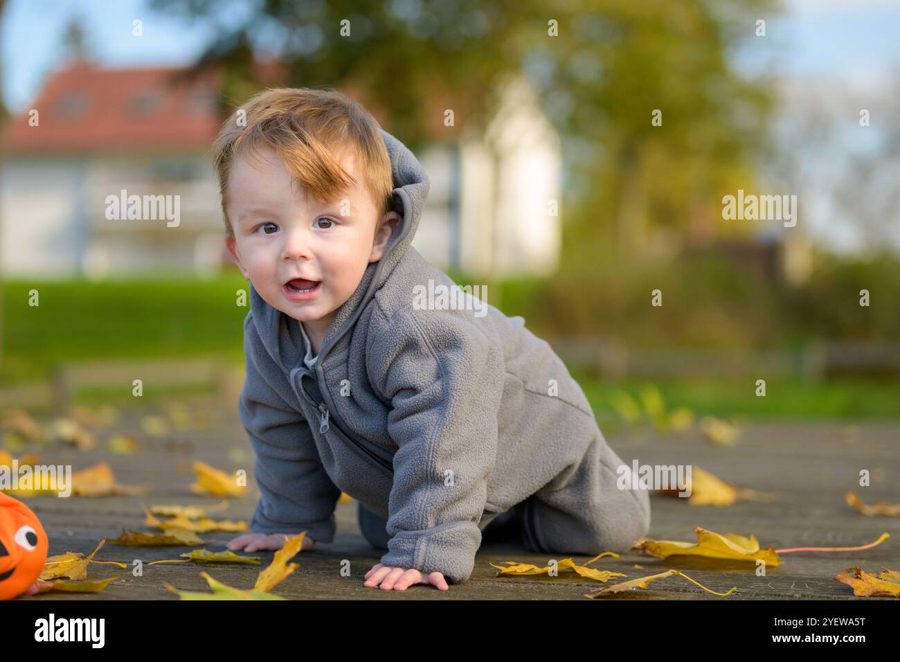 Un bambino allegro con una giacca grigia si snoda su un sentiero di legno disseminato di foglie d'autunno colorate. Foto Stock