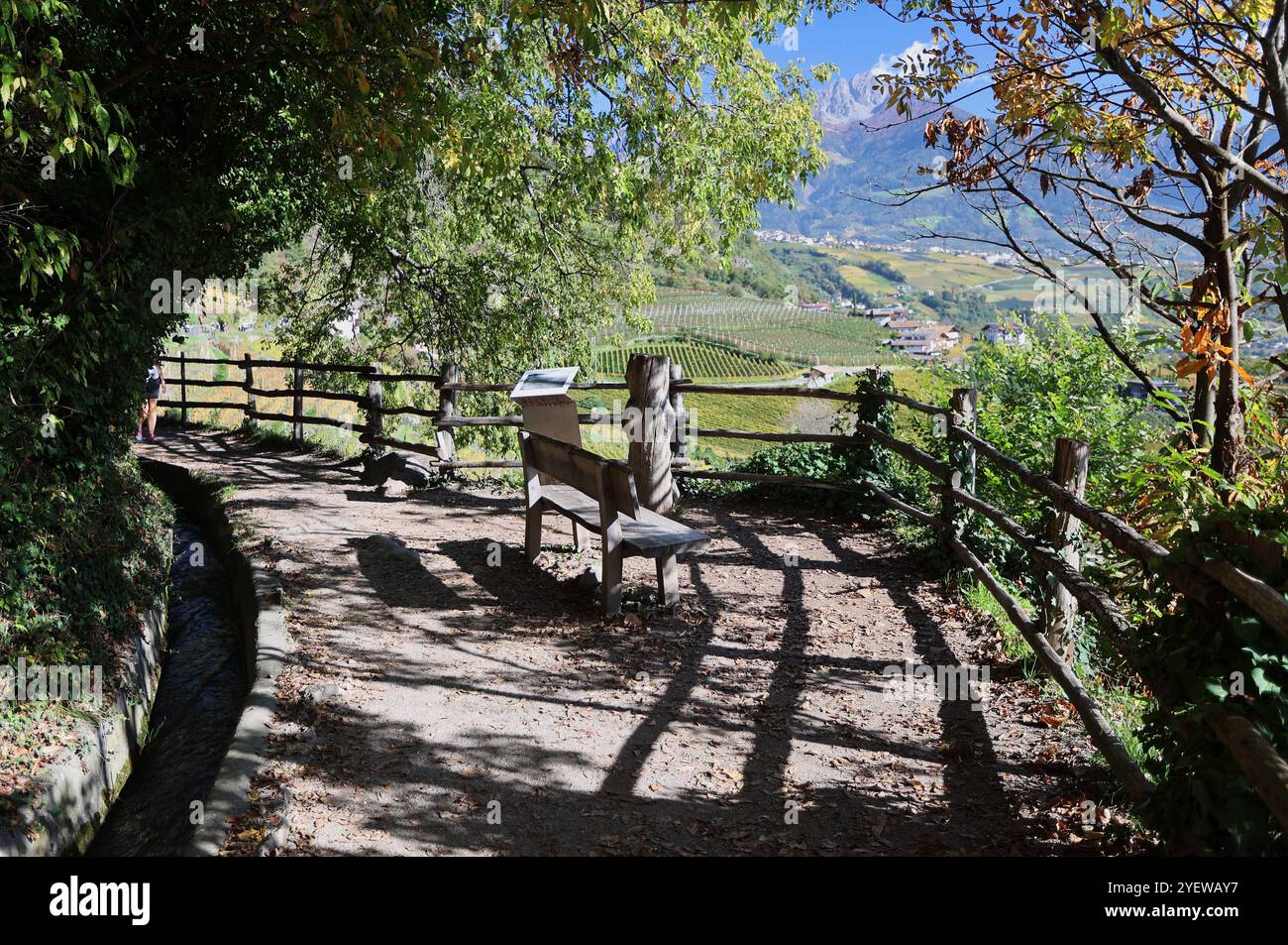 Algund, Südtirol, Italien 30. Ottobre 2024: Ein Herbsttag bei Algund, Lagundo bei Merano. Hier der Blick auf den Algunder Waalweg mit einer Parkbank, Holzbank zum ausruhen, Ausblick geniessen, sitzen, Rasten, Wandern, spazieren **** Algund, alto Adige, Italia 30 ottobre 2024 una giornata autunnale nei pressi di Algund, Lagundo nei pressi di Merano qui la vista del Waalweg Algunder con una panchina del parco, panchina di legno per riposare, godersi il panorama, sedersi, riposare, fare escursioni, cammina Foto Stock