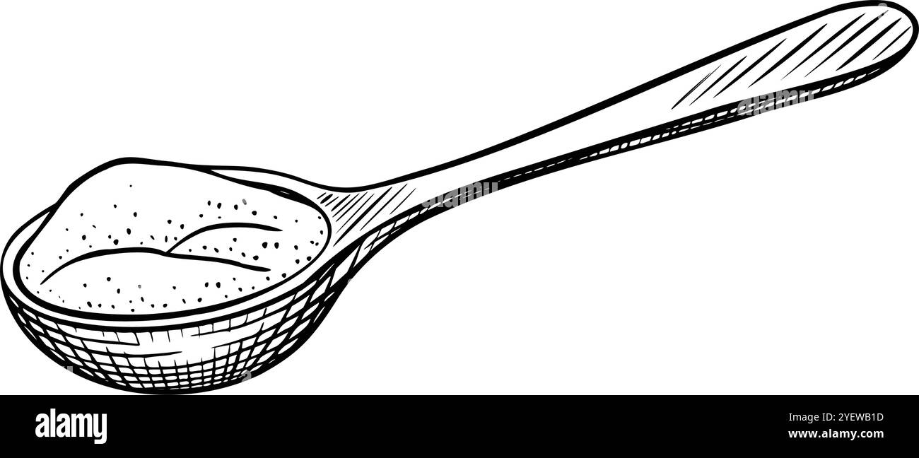 Cucchiaio di legno con farina. Disegno lineare vettoriale di utensili da cucina con cibo dipinto da inchiostri neri in stile incisione per la progettazione di libri di cucina o etichette di prodotti. Illustrazione monocromatica per la ricetta. Illustrazione Vettoriale