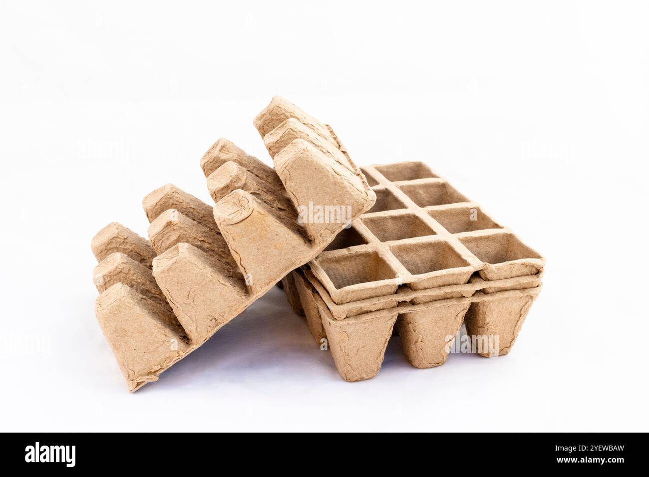 Vassoi di semina biodegradabili per germinazione di semi isolati su sfondo bianco Foto Stock