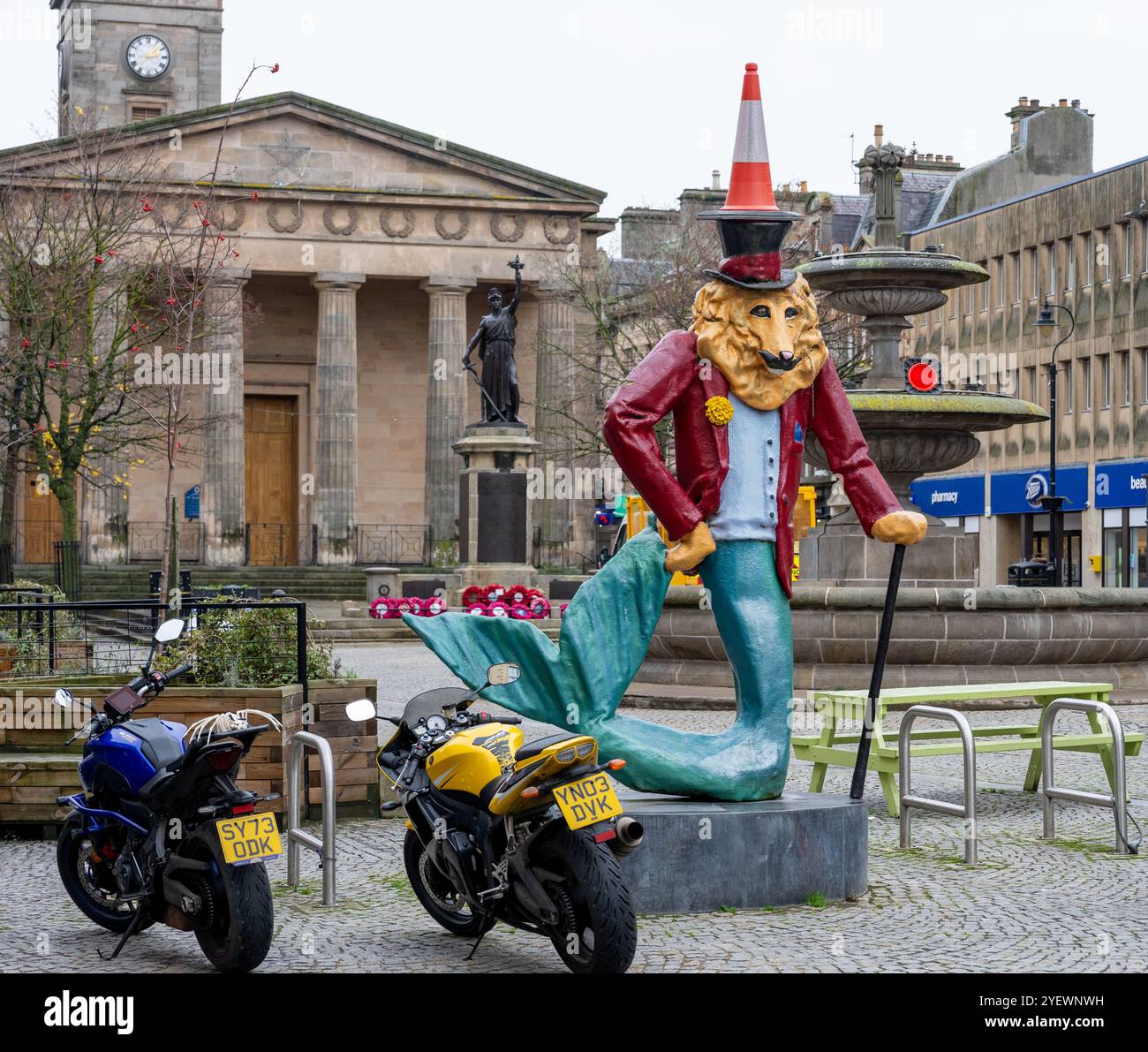 High Street, Plainstones, Moray, Regno Unito. 1 novembre 2024. Questa è la Statua del Leone di Dandy nella pianura e nell'area pedonale di Elgin High Street. Qualcuno ha scalato e messo un cono sulla testa. Crediti: JASPERIMAGE/Alamy Live News Foto Stock