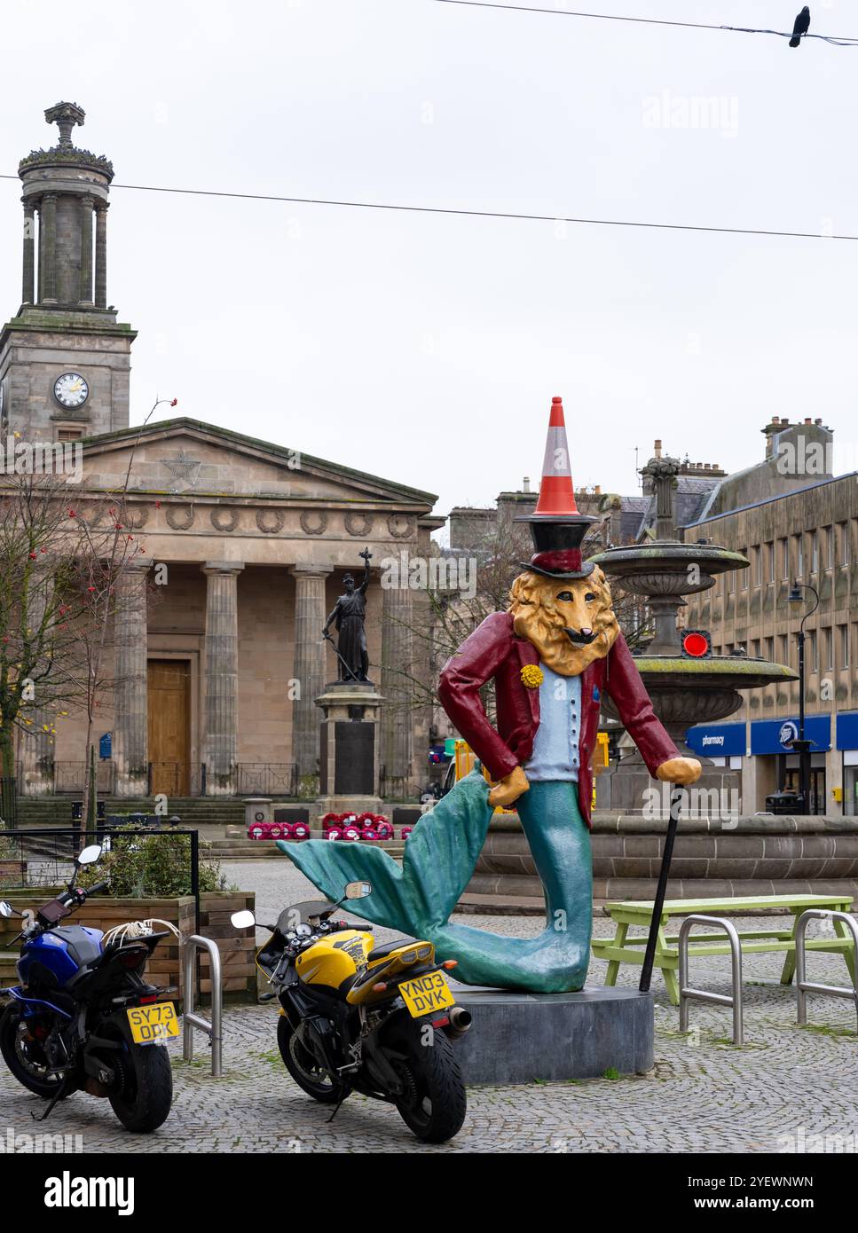 High Street, Plainstones, Moray, Regno Unito. 1 novembre 2024. Questa è la Statua del Leone di Dandy nella pianura e nell'area pedonale di Elgin High Street. Qualcuno ha scalato e messo un cono sulla testa. Crediti: JASPERIMAGE/Alamy Live News Foto Stock