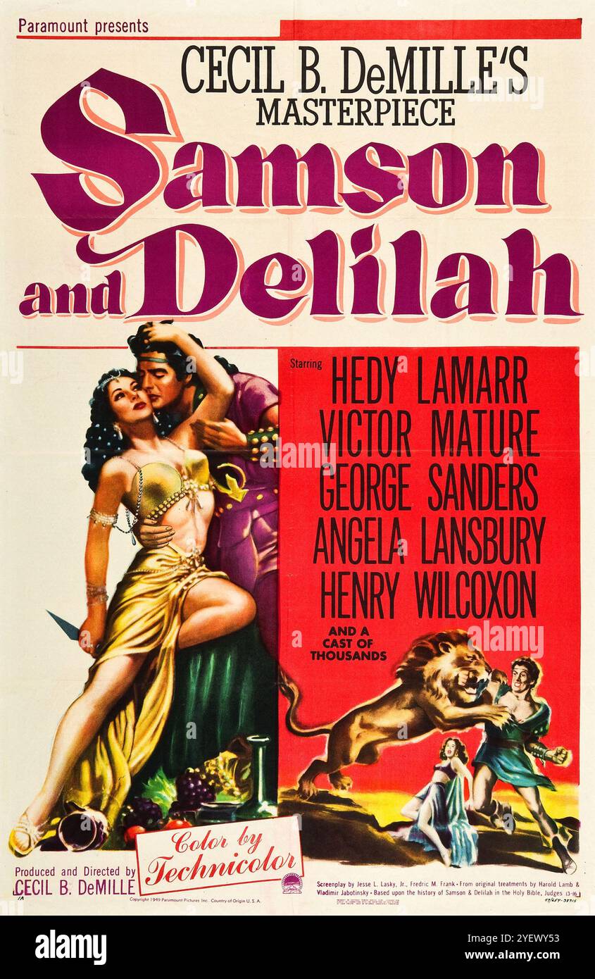 Poster cinematografico del film di Cecil B. DeMille Samson and Delilah (1949) feat Hedy Lamarr, Victor Mature, George Sanders, Angela Lansbury, Henry Wilcoxon Foto Stock