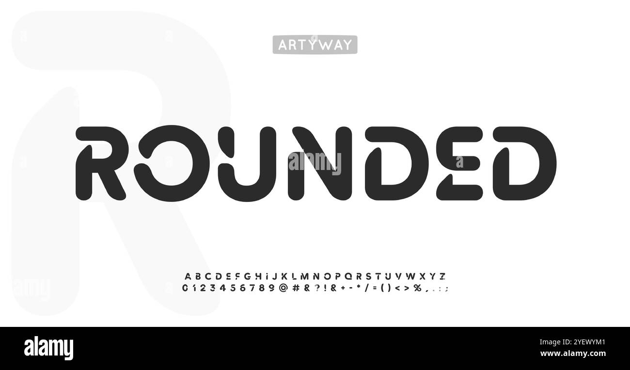 Alfabeto arrotondato, lettere lisce con ritagli, carattere adatto per il logo tecnico, titolo creativo, branding contemporaneo, titolo. Moderno, morbido e accessibile Illustrazione Vettoriale