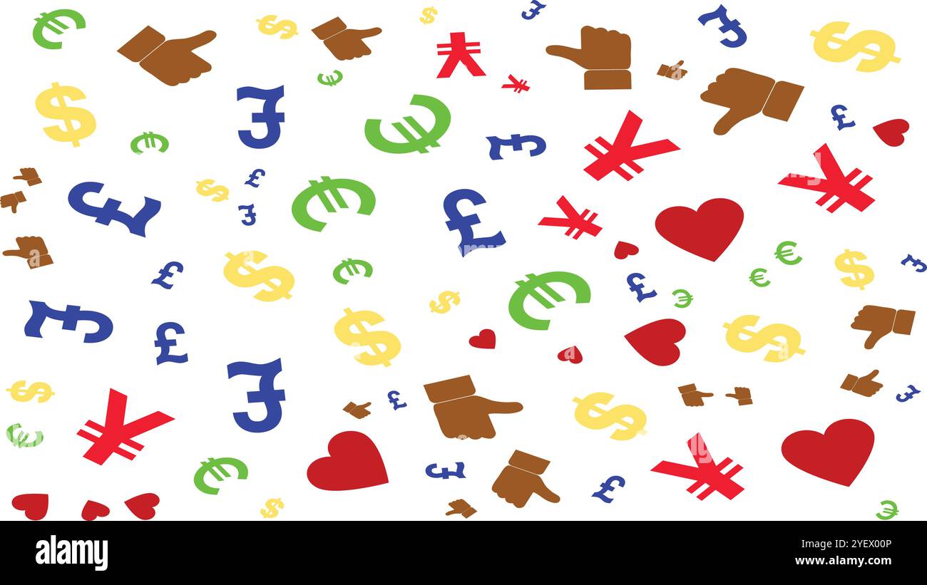 Sfondo con simboli di valuta cuore e pollice Illustrazione Vettoriale