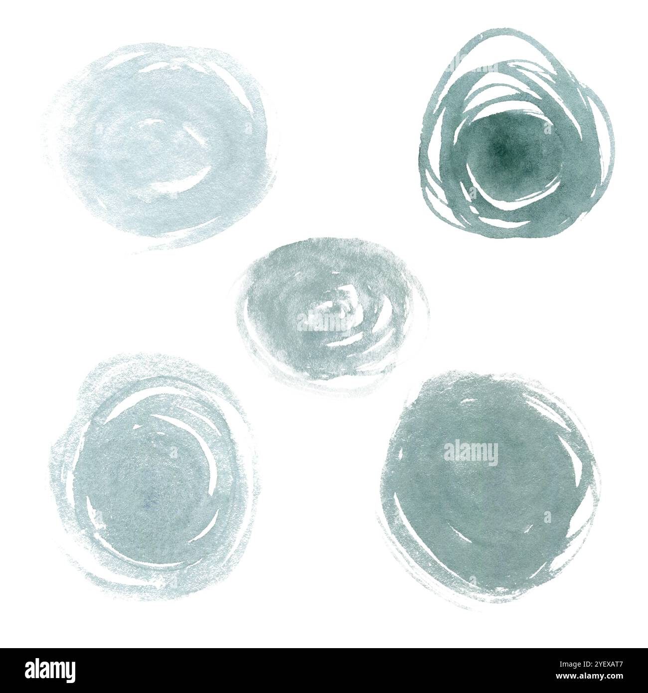 Macchie di acquerello rotonde grigie-verdi isolate su sfondo bianco. Set di tratti di pennello disegnati a mano. Per il modello di biglietti d'auguri, la confezione delle feste, la decorazione e il design di Capodanno e Natale. Foto Stock