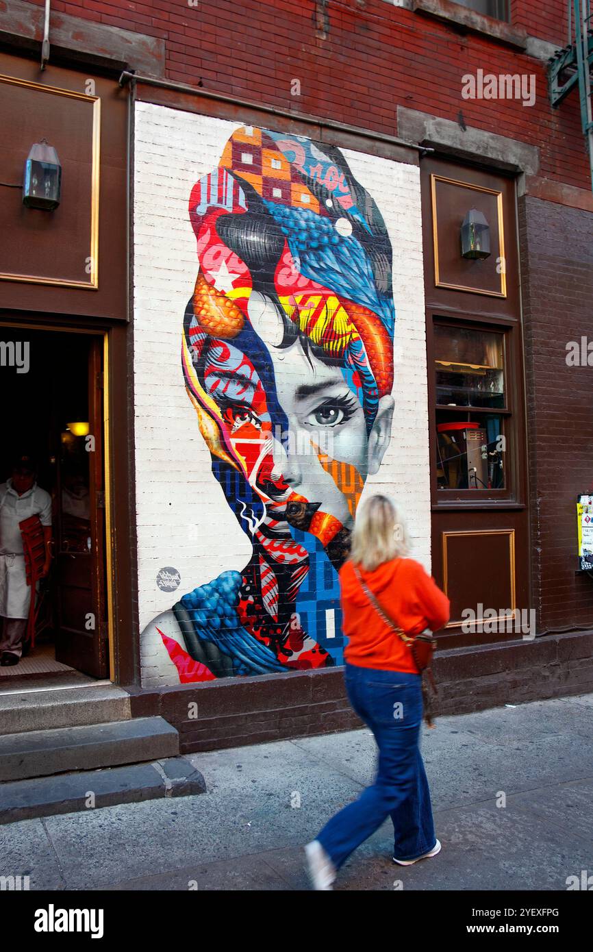 Colorato murale di audrey hepburn su un muro di mattoni in via dei gelsi, Little italy New york, persone che camminano in primo piano e un idrante del fuoco Foto Stock