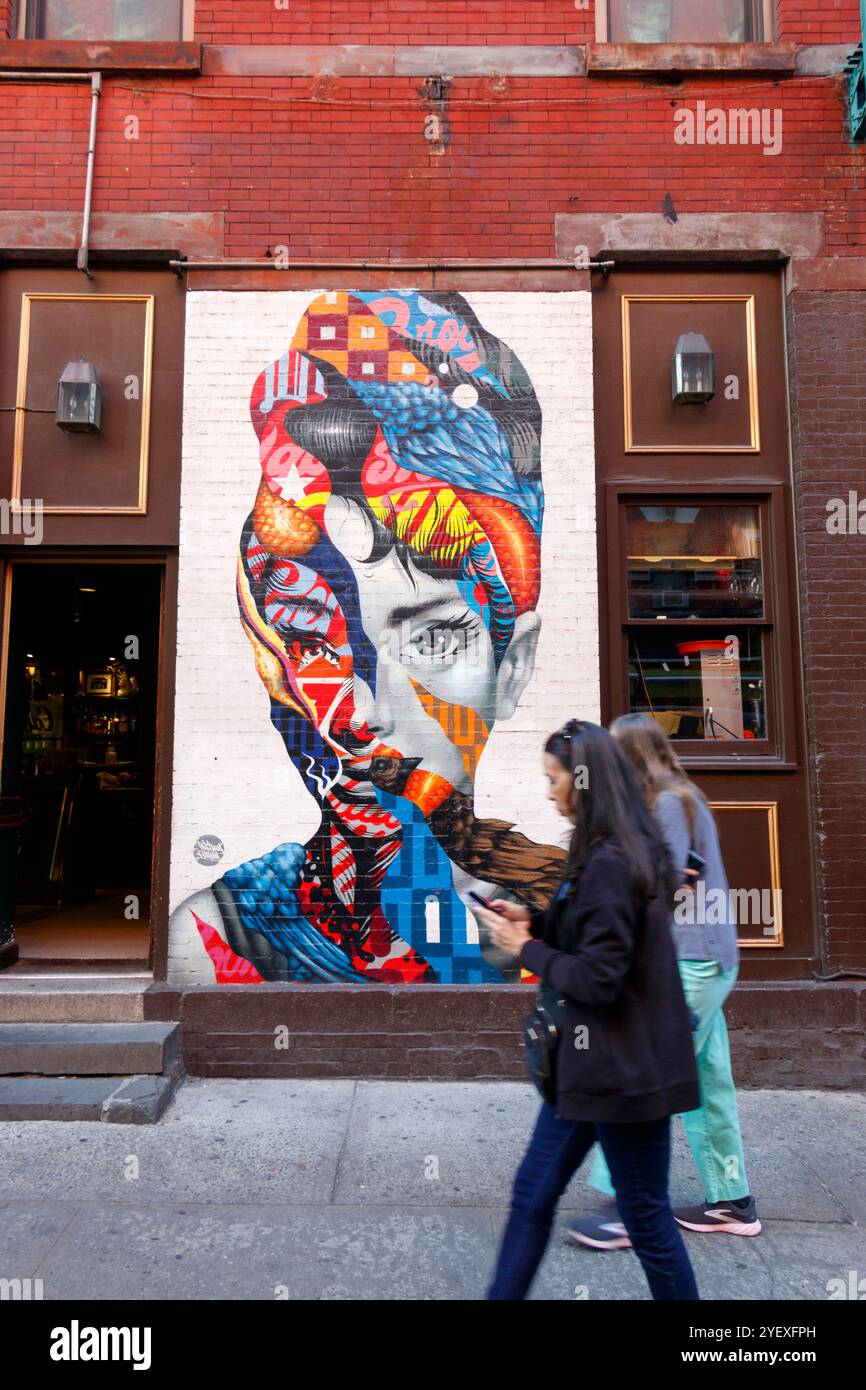 Colorato murale di audrey hepburn su un muro di mattoni in via dei gelsi, Little italy New york, persone che camminano in primo piano e un idrante del fuoco Foto Stock